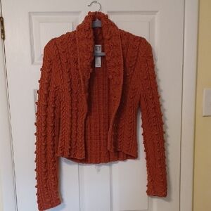 DKNY Sz M, Rust, Cable Knit, Popcorn Weave Open Cardigan